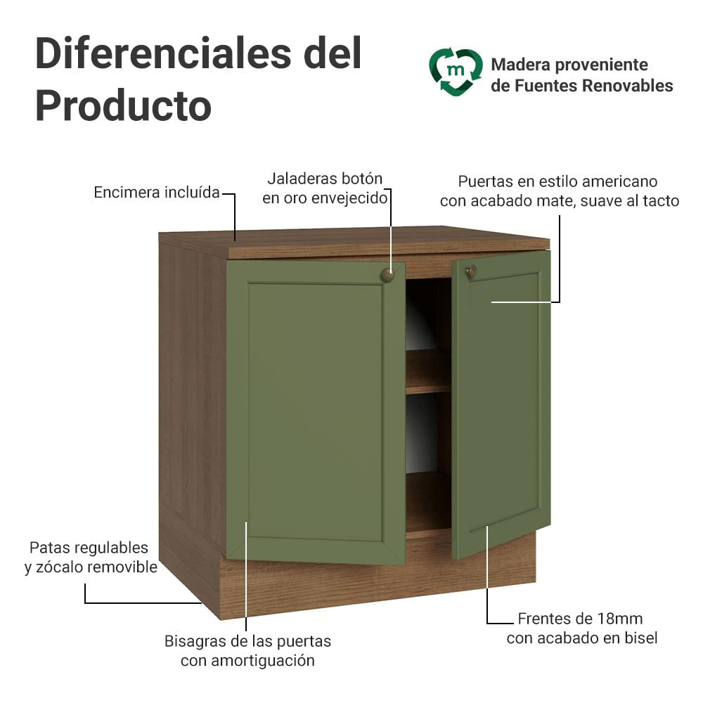 Mueble De Cocina Bajo Vik 80 Cm 2 Puertas Marrón/Verde img #2