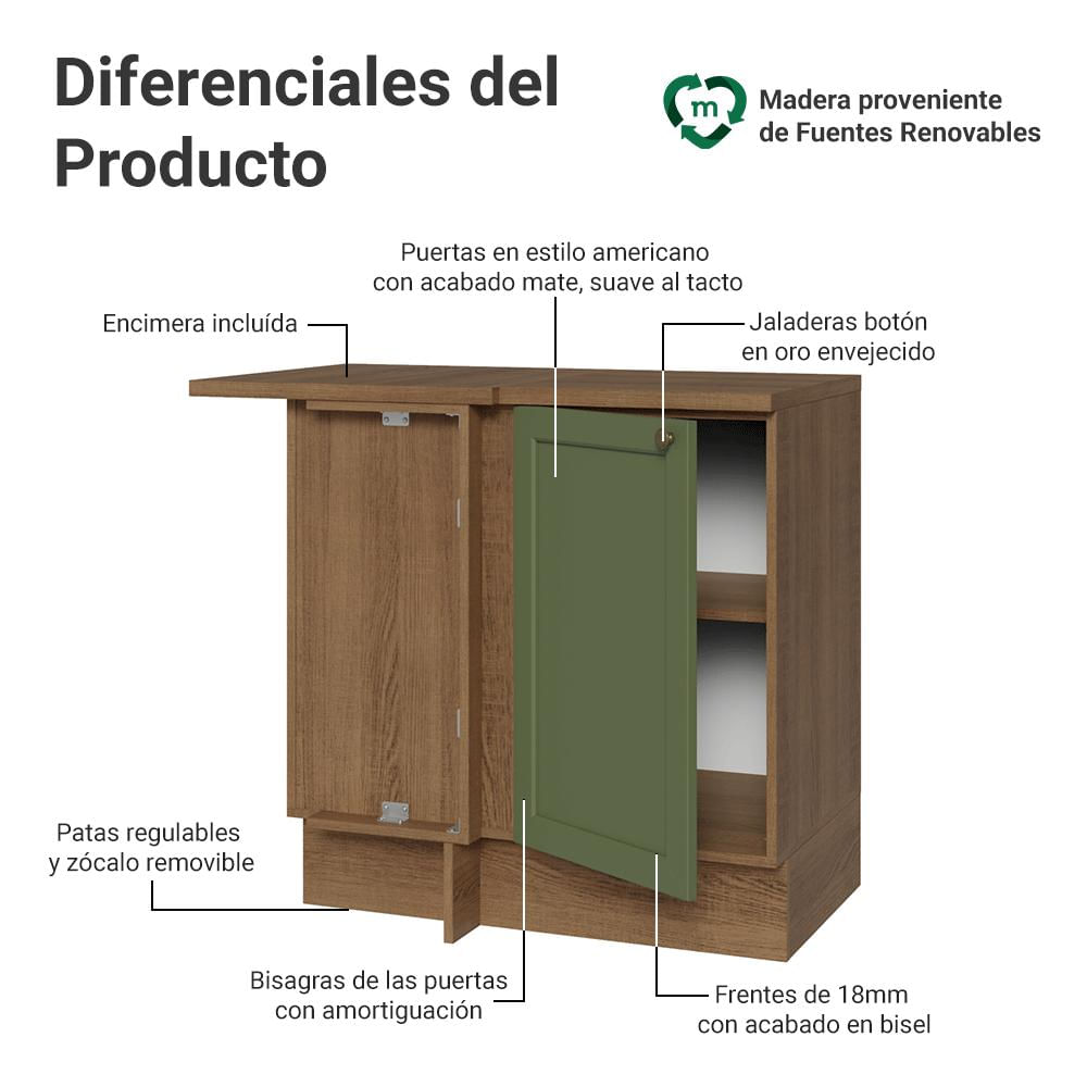 Mueble De Cocina Bajo De Esquina Vik 1 Puerta Marrón/Verde img #2