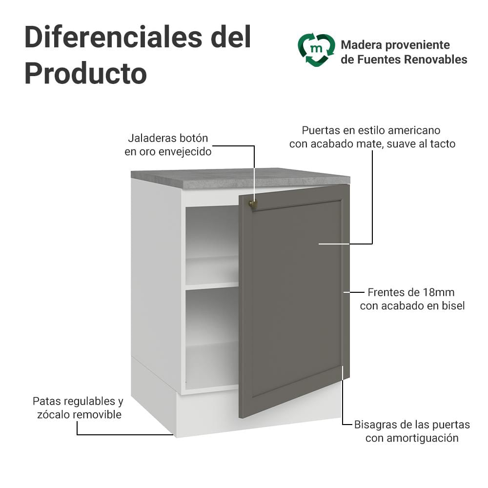 Mueble De Cocina Bajo Vik 60 Cm 1 Puerta Blanco/Gris img #2