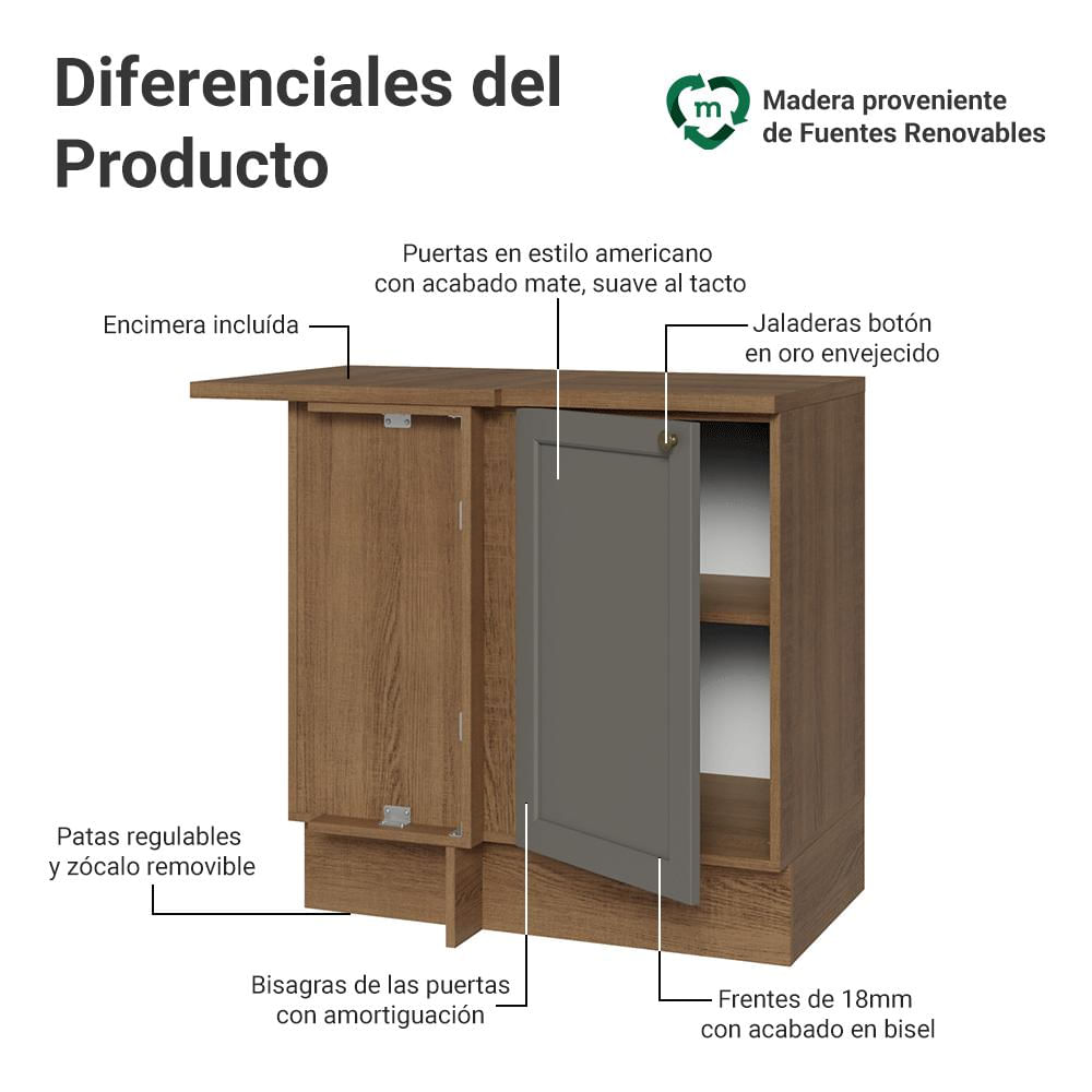 Mueble De Cocina Bajo De Esquina Vik 1 Puerta Marrón/Gris img #2