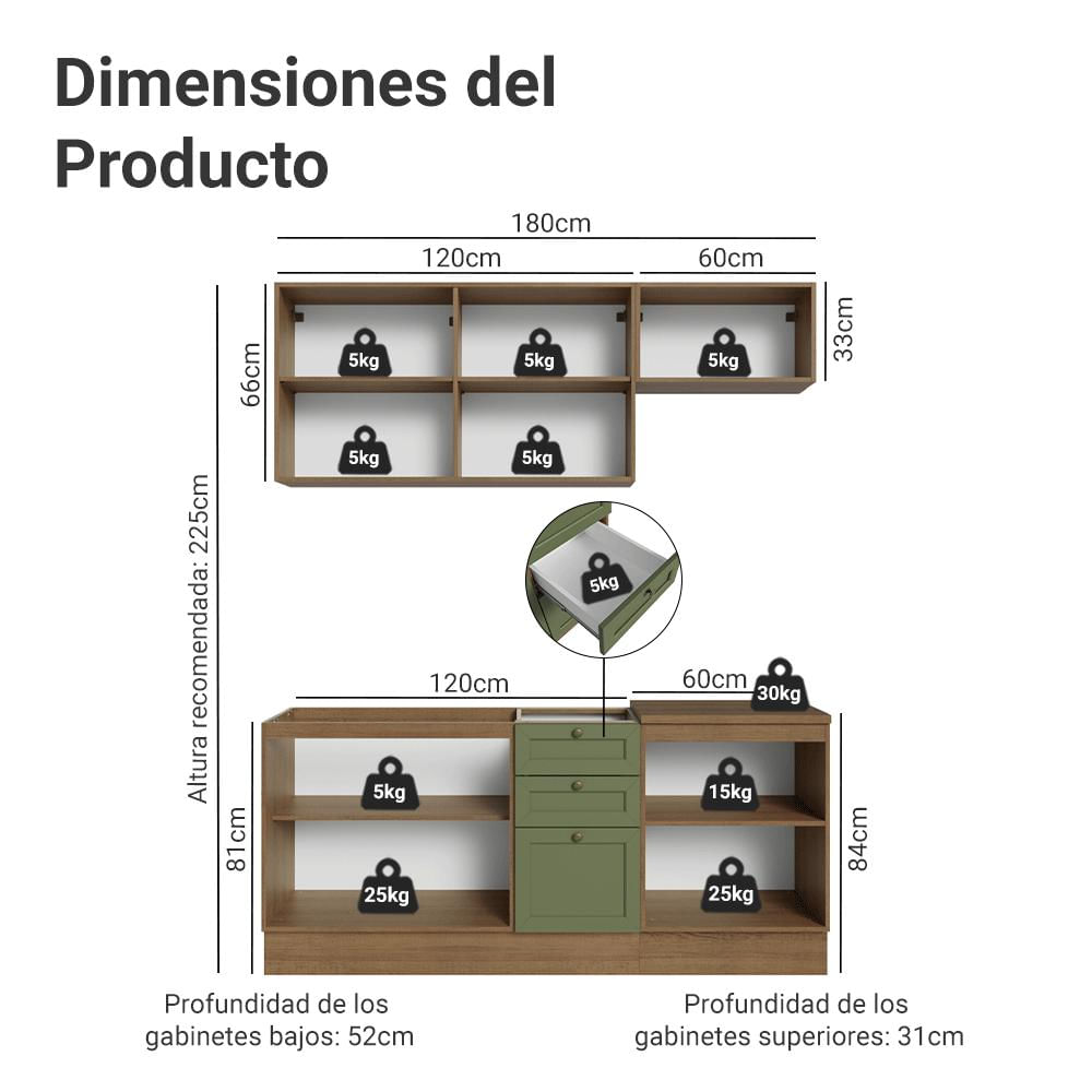 Cocina Integral Vik 1.80 Metros Marrón/Verde 01 img #2