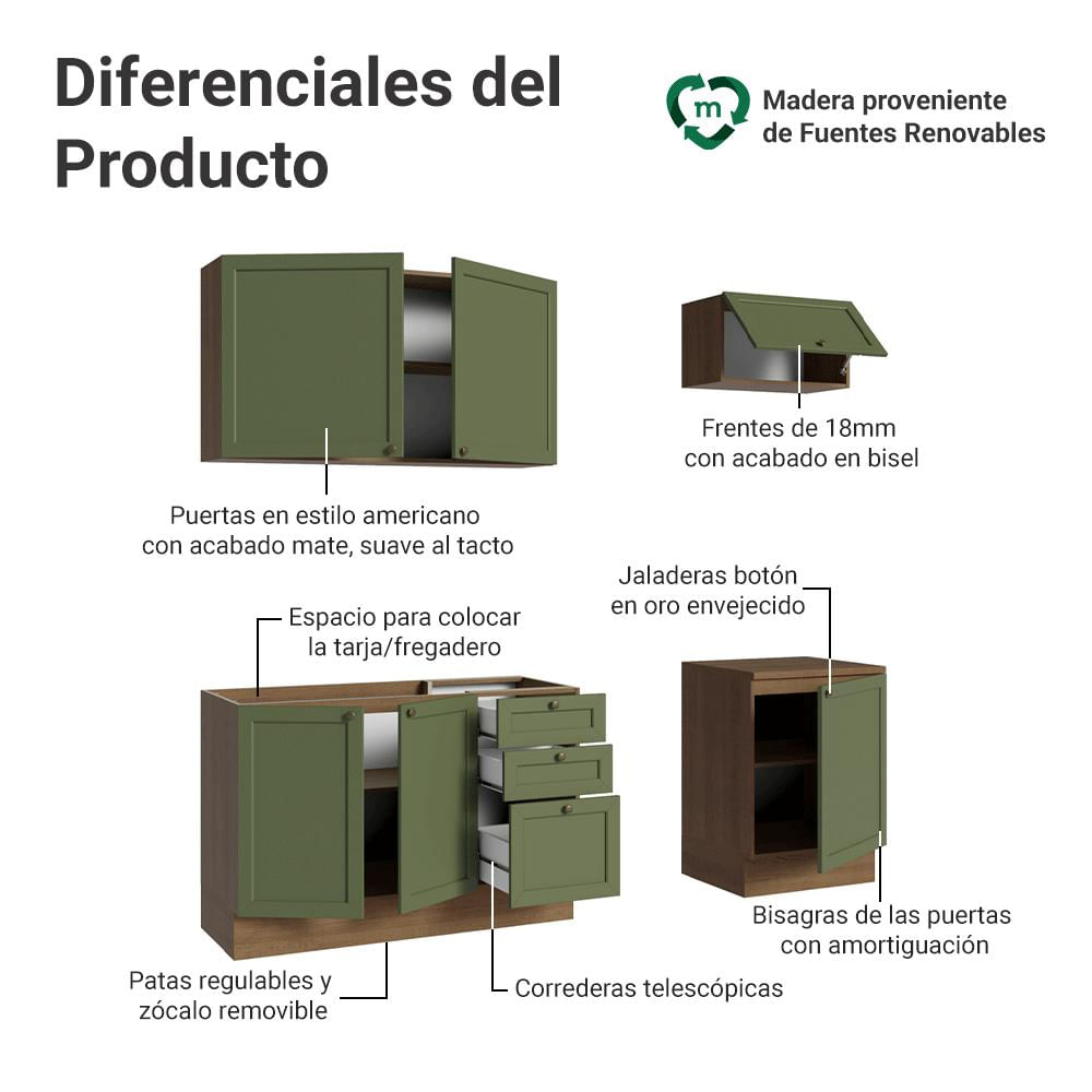 Cocina Integral Vik 1.80 Metros Marrón/Verde 01 img #3