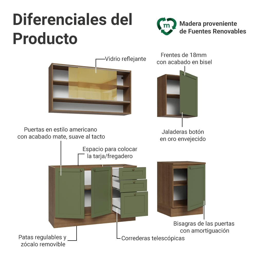 Cocina Integral Vik 1.80 Metros Marrón/Verde 04 img #3