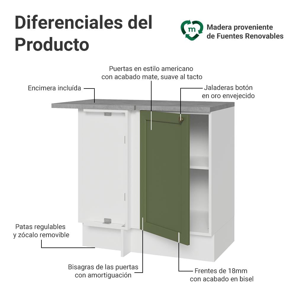 Mueble De Cocina Bajo De Esquina Vik 1 Puerta Blanco/Verde img #2