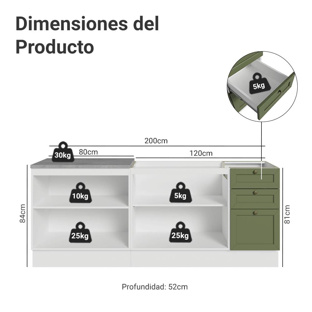 Kit 2 Muebles De Cocina Bajo Vik 2.00 M Blanco/Verde 01 img #2