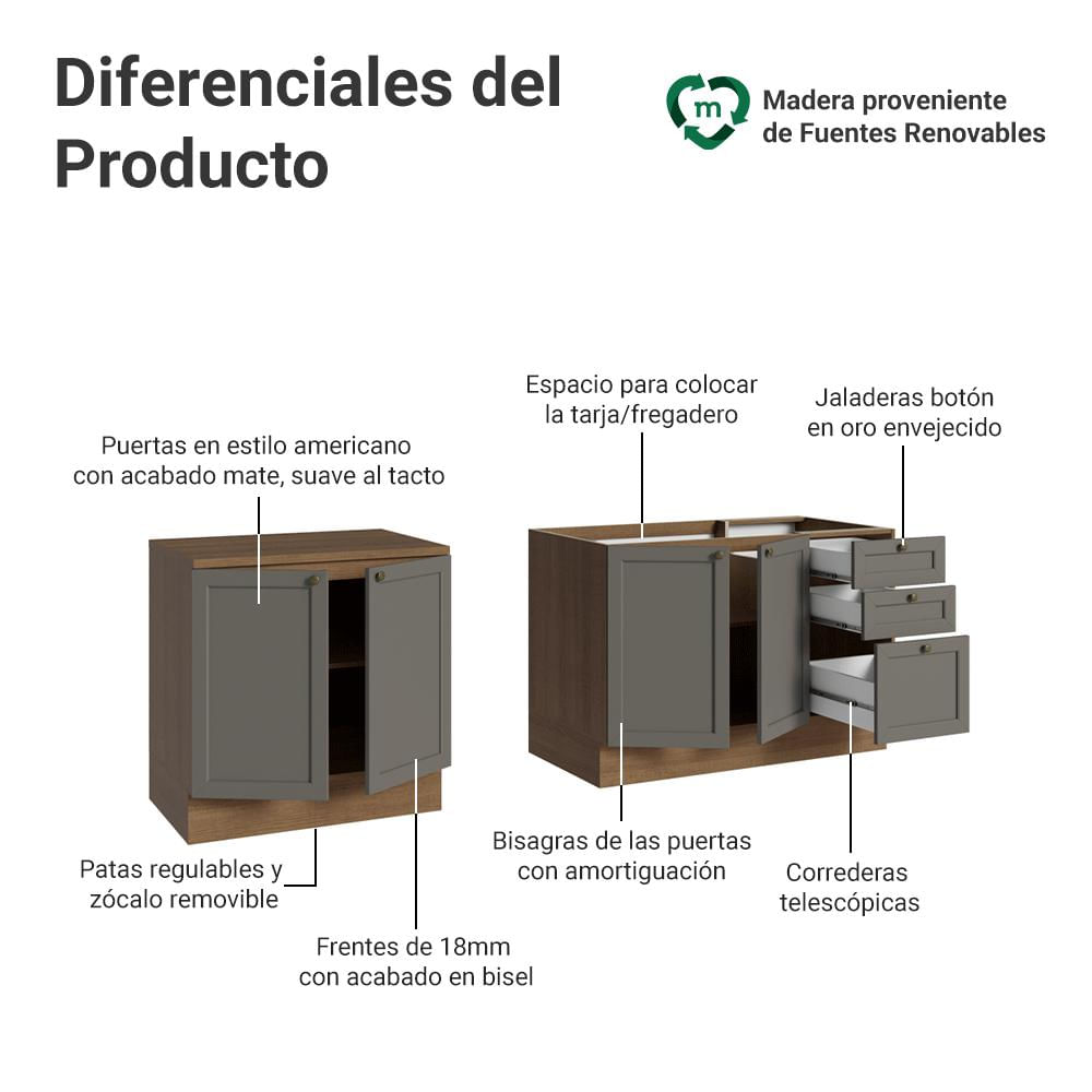 Kit 2 Muebles De Cocina Bajo Vik 2.00 M Marrón/Gris 01 img #3
