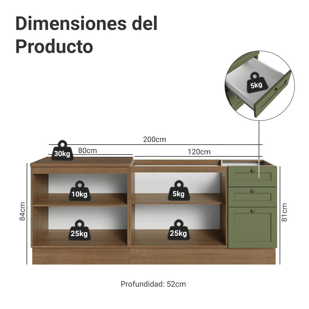 Kit 2 Muebles De Cocina Bajo Vik 2.00 M Marrón/Verde 01 img #2