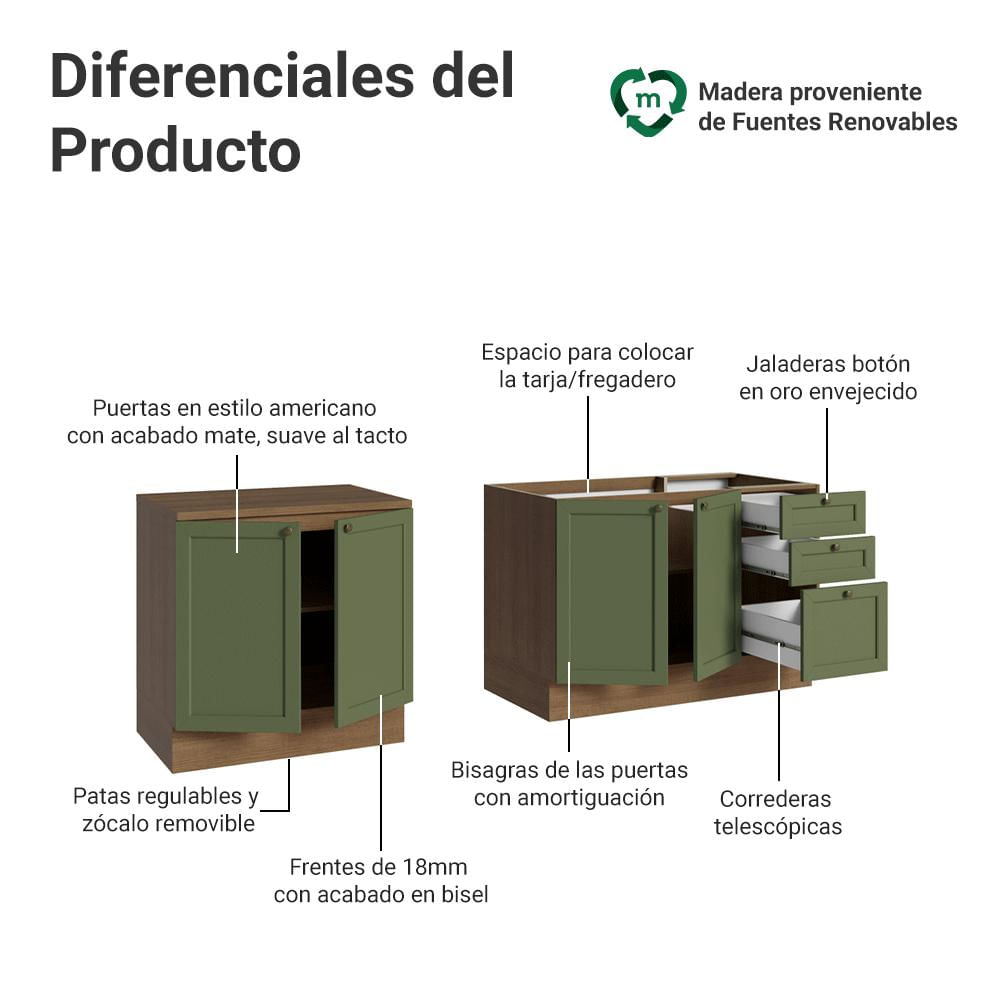 Kit 2 Muebles De Cocina Bajo Vik 2.00 M Marrón/Verde 01 img #3