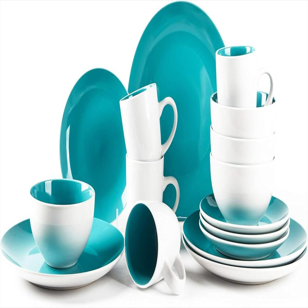 Juego De Vajilla De Gres En Forma De Cupé De 16 Piezas, Exterior Blanco + Interior Turquesa img #1