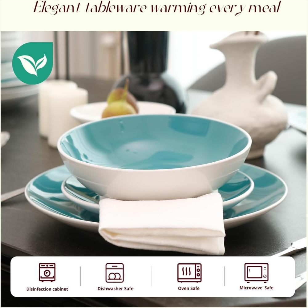 Juego De Vajilla De Gres En Forma De Cupé De 16 Piezas, Exterior Blanco + Interior Turquesa img #3