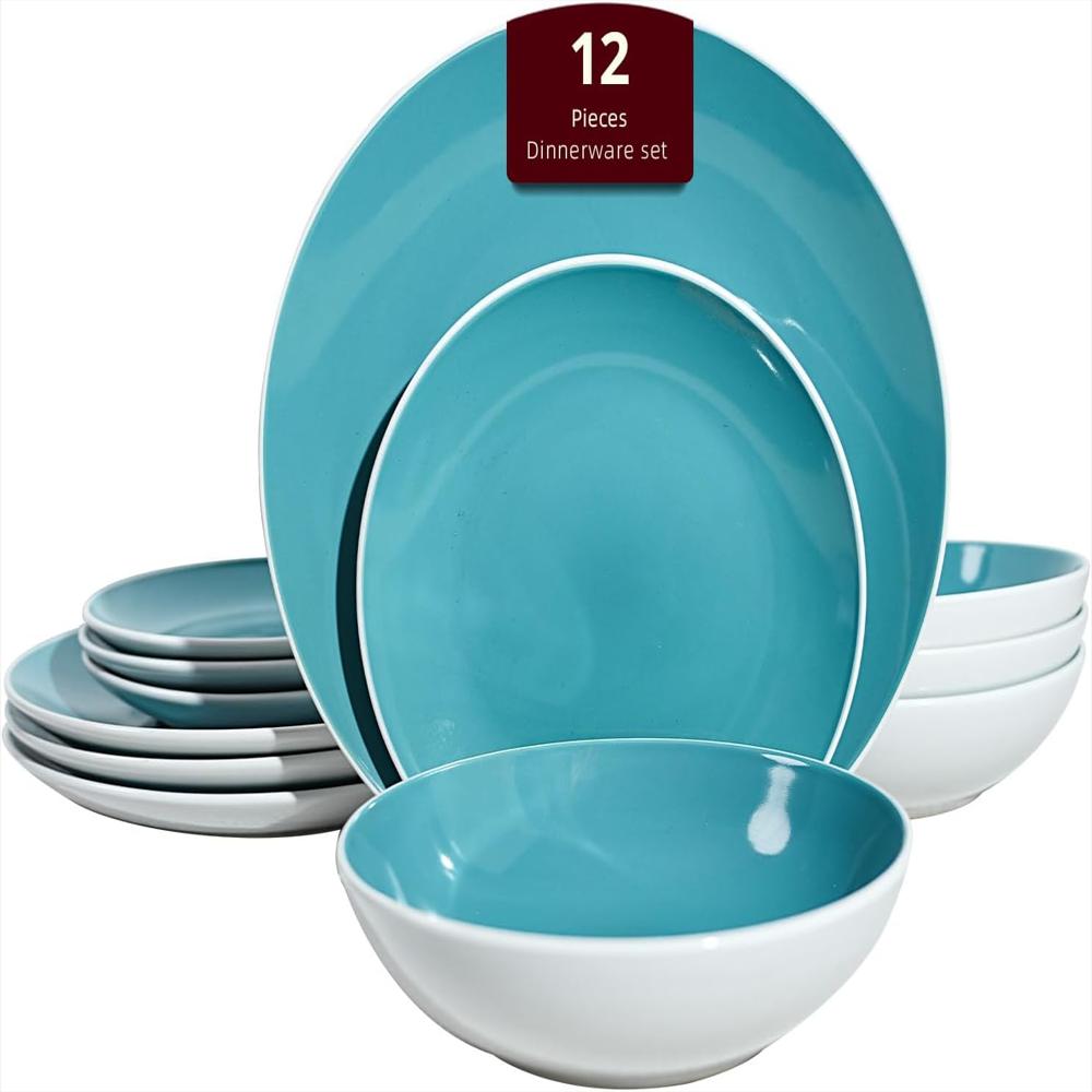 Juego De Vajilla De Gres Coupe Shape De 12 Piezas, Exterior Blanco + Interior, Azul Tiffany img #1