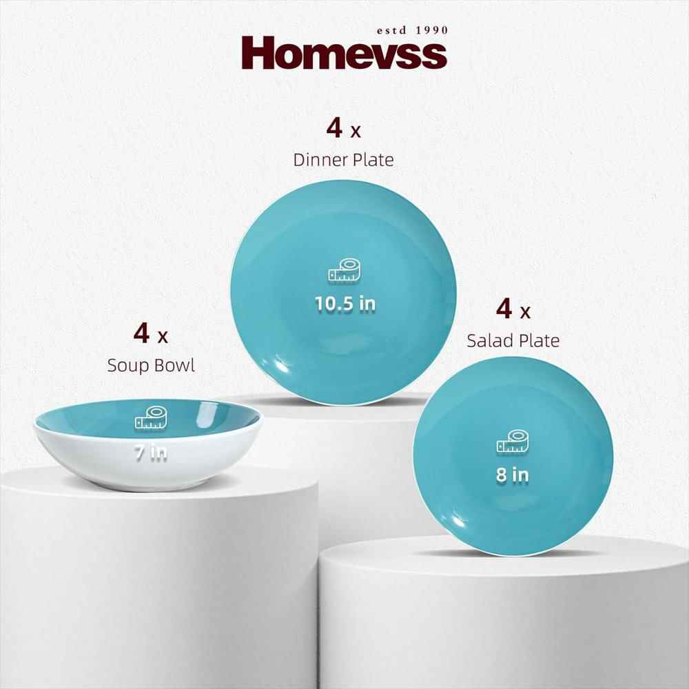 Juego De Vajilla De Gres Coupe Shape De 12 Piezas, Exterior Blanco + Interior, Azul Tiffany img #2