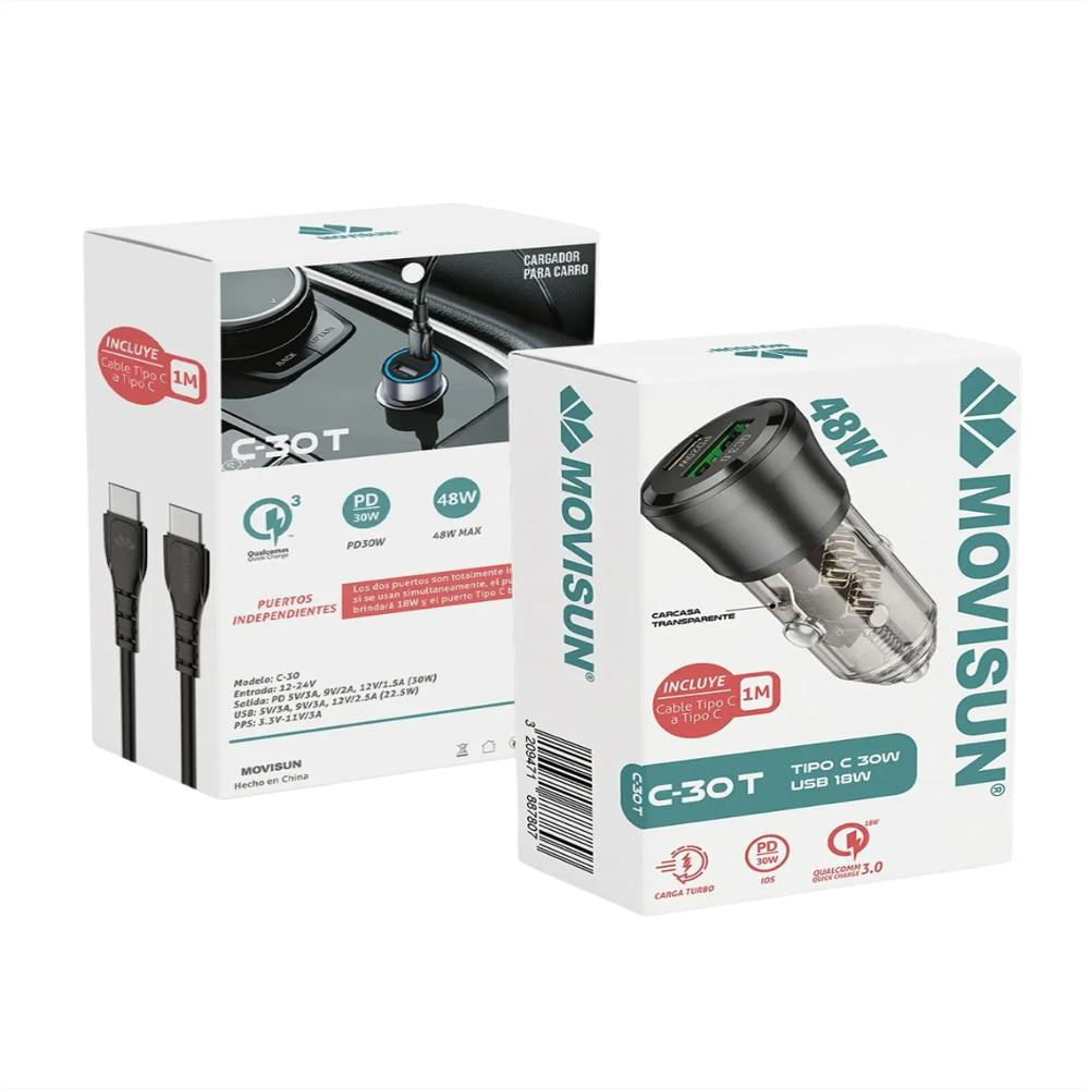 Cargador Carro Carga Rápida Movisun 48W Dual Usb C + Cable C img #3