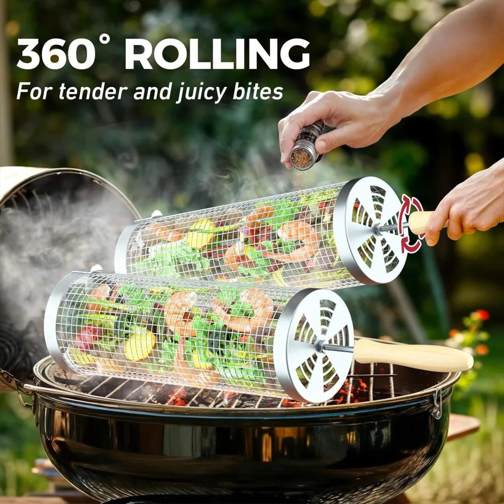 Cesta De Parrilla Con Ruedas X 2 Unidades En Acero Inoxidable 304 Con Mango De Madera img #3