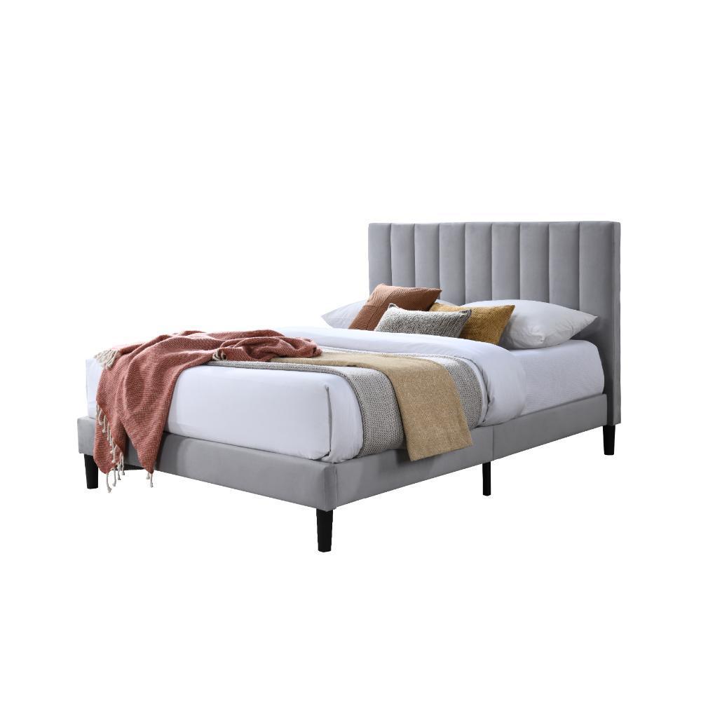Cama Doble Lisa, Gris Claro, Madera Roble Tapizada img #1