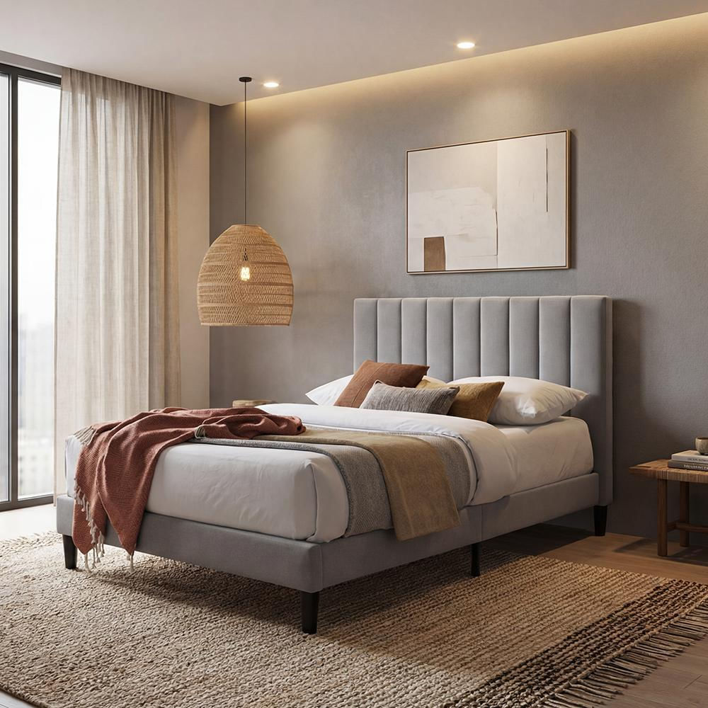 Cama Doble Lisa, Gris Claro, Madera Roble Tapizada img #2
