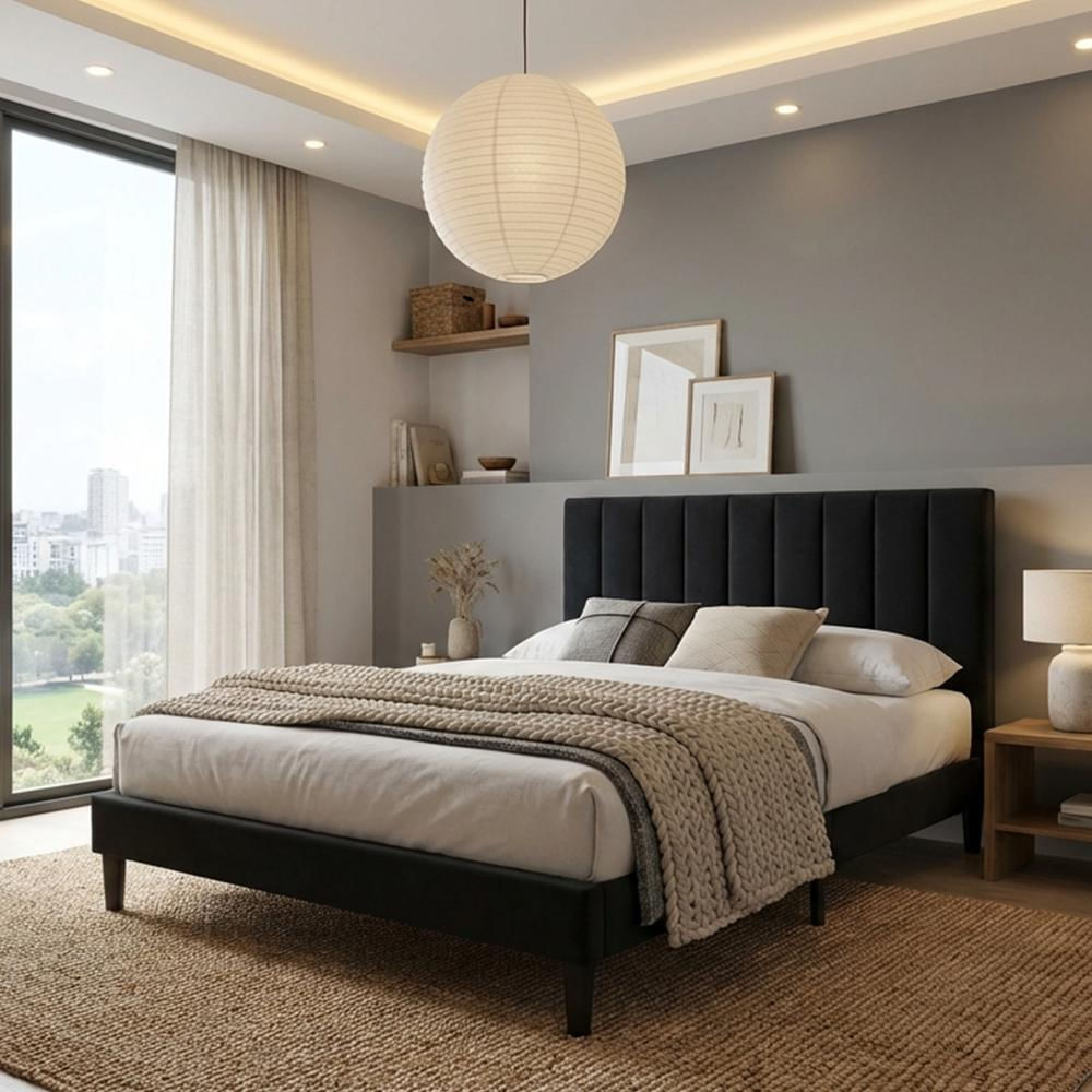 Cama Doble Lisa, Negro, Madera Roble Tapizada img #2