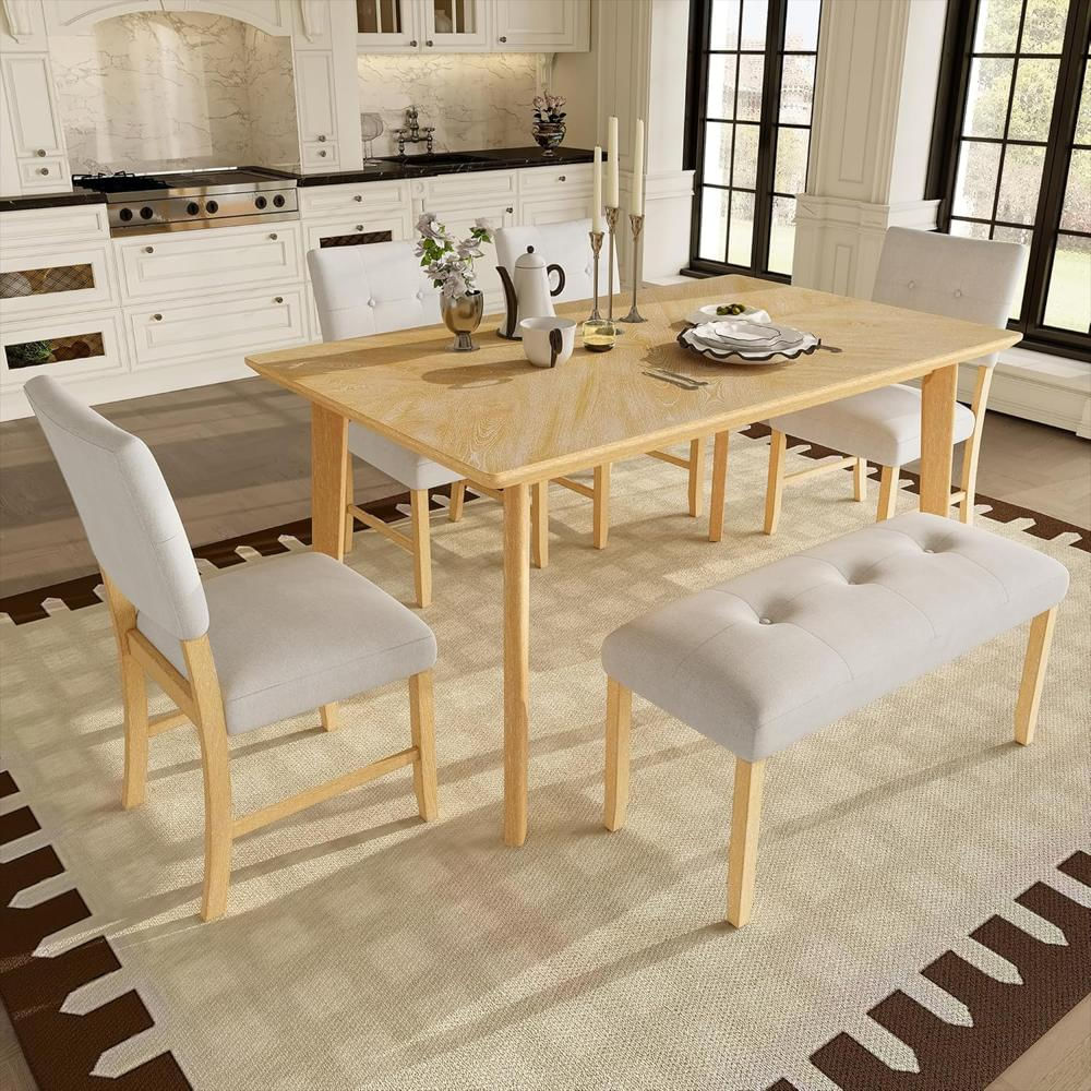 Juego De Mesa Merax Madera Maciza Estilo Rústico Rectangular 6 Piezas Con 4 Sillas Y 1 Banco img #1