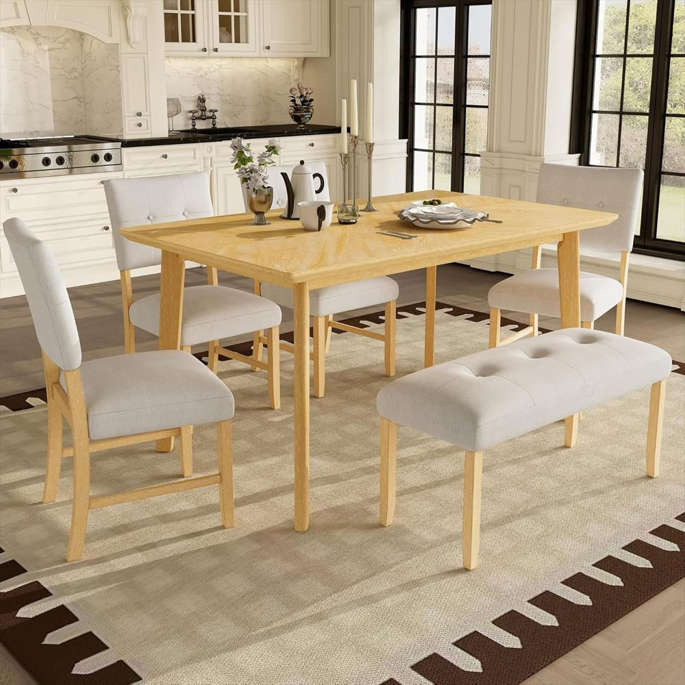 Juego De Mesa Merax Madera Maciza Estilo Rústico Rectangular 6 Piezas Con 4 Sillas Y 1 Banco img #2