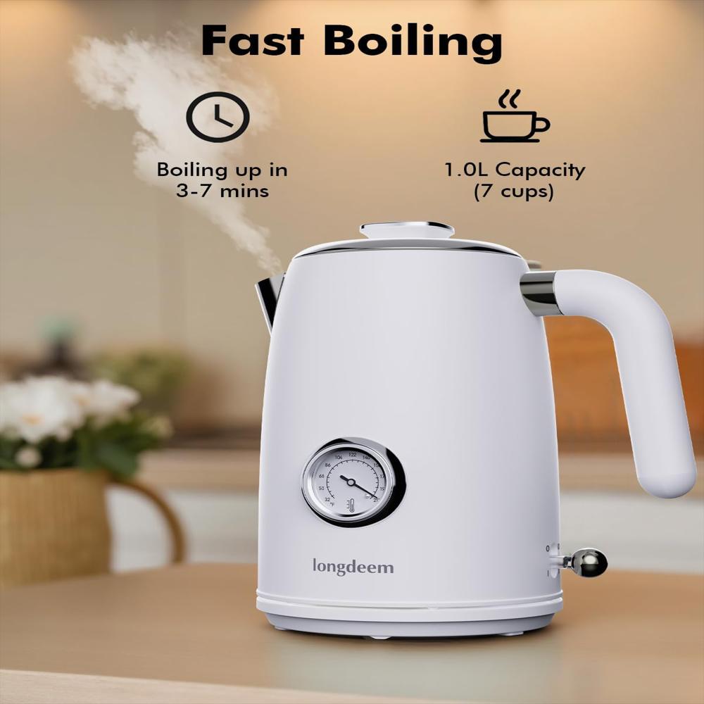 Hervidor Eléctrico Longdeem Acero Inoxidable 1 Litro Termómetro Apagado Automático Blanco img #2