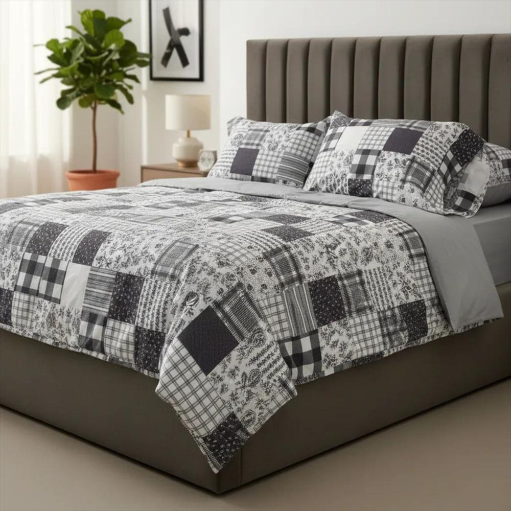 Juego De Sábanas 300 Hilos 100% Algodón Cama Queen Patchwork Gris Elegantes img #3