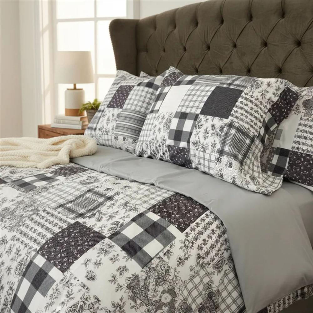 Juego De Sábanas 300 Hilos 100% Algodón Cama Queen Patchwork Gris Elegantes img #4