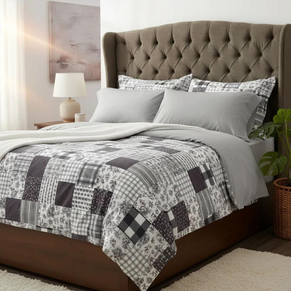 Juego De Sábanas 300 Hilos 100% Algodón Cama King Patchwork Gris Elegantes img #2
