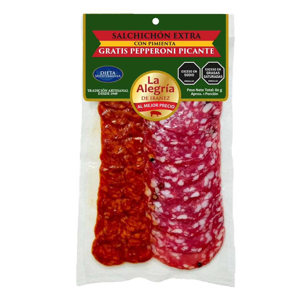 Salchichón LA ALEGRIA DE IBAÑEZ extrapimienta + pepperoni picante (80  gr)