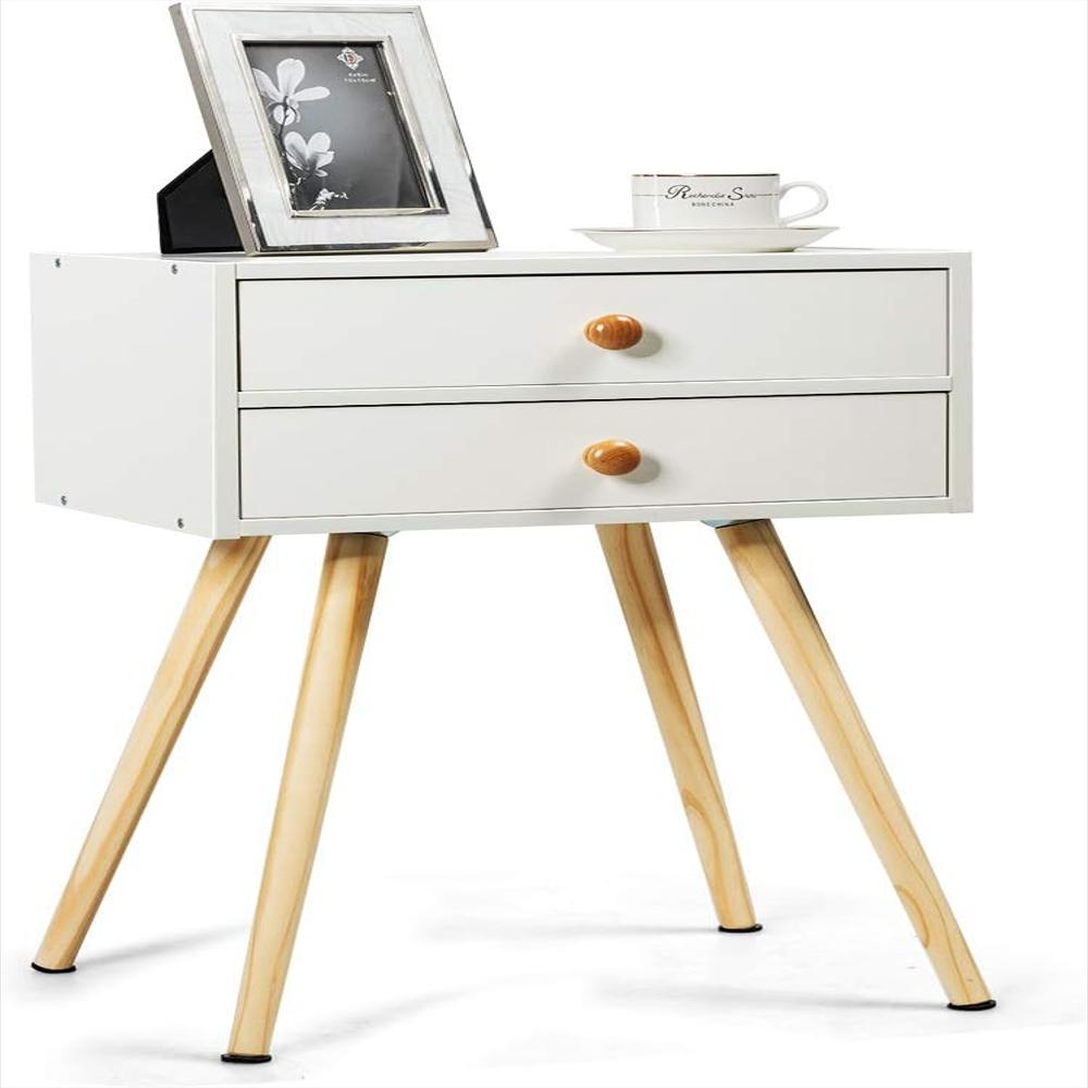 Mesita De Noche Costway Madera Maciza 2 Cajones Color Blanco Compacta