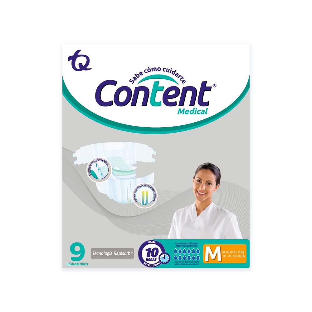Pañales para adultos CONTENT teconología rapisorb, talla M (9  und)