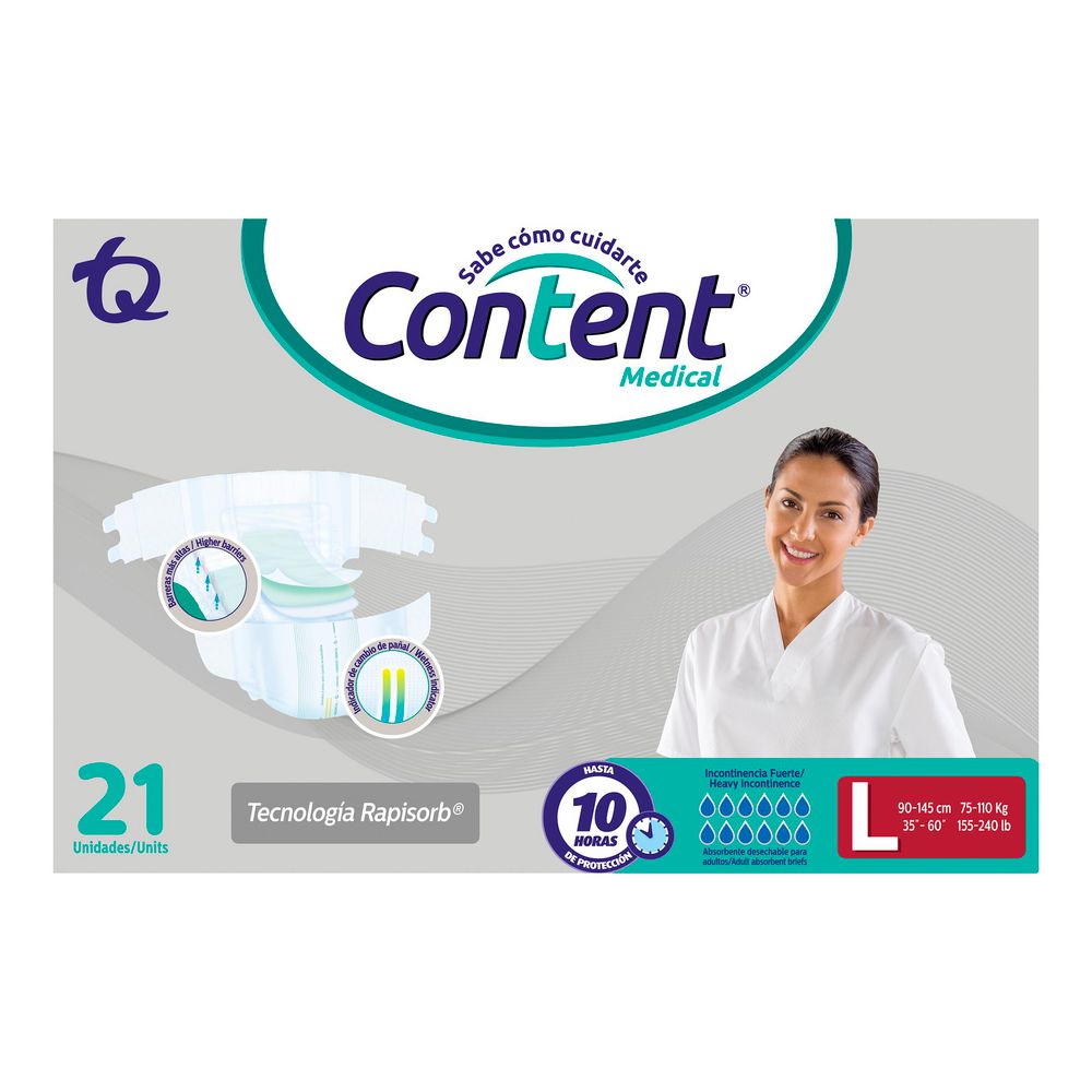 Pañales para adultos CONTENT teconología rapisorb, talla L  (21  und)