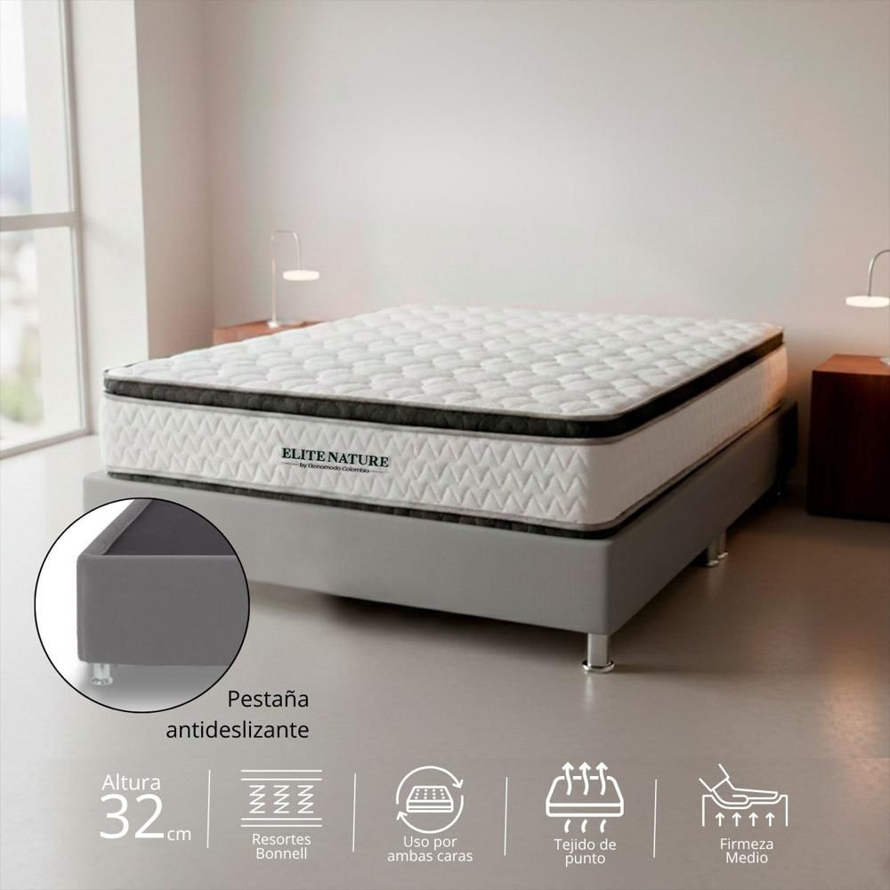 Combo Colchon Semiortopedico King Elite Nature Con Dos Pillow + Base Cama Gris 200 X 200 img #1
