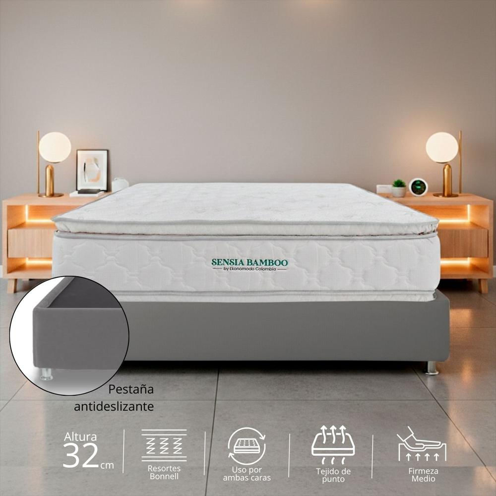 Combo Colchon Premium Queen Sensia Bamboo Con Dos Pillow + Base Cama Gris 160 X 190 img #1