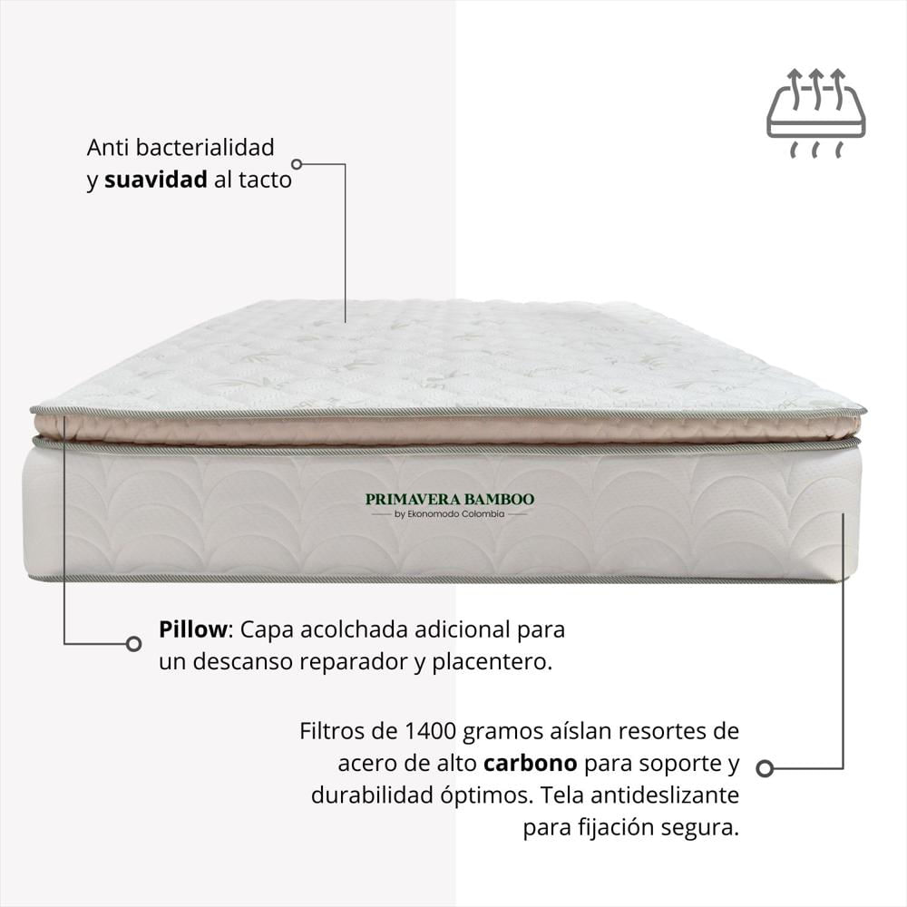Combo Colchon Semiortopedico King Primavera Bamboo Con Un Pillow + Base Cama Gris 200 X 200 img #4