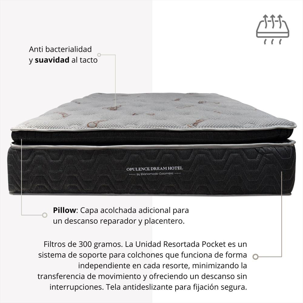 Combo Colchon Master Doble Opulence Pocket Con Un Pillow + Base Cama Gris 140 X 190 img #4