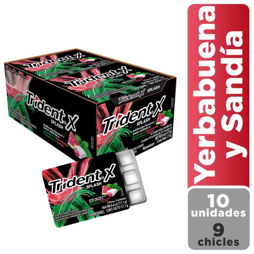 Chicle Splash TRIDENT Yerbabuena Sandía Sin Azúcar x10paq (171  gr)