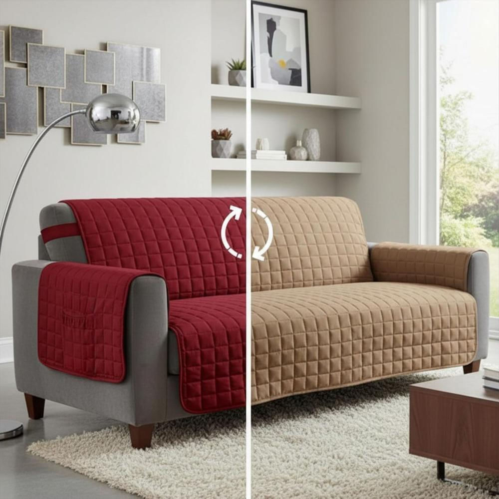 Protector De Sofa Unicolor Acolchado Doble Faz 3 Puestos Vino T Came img #1