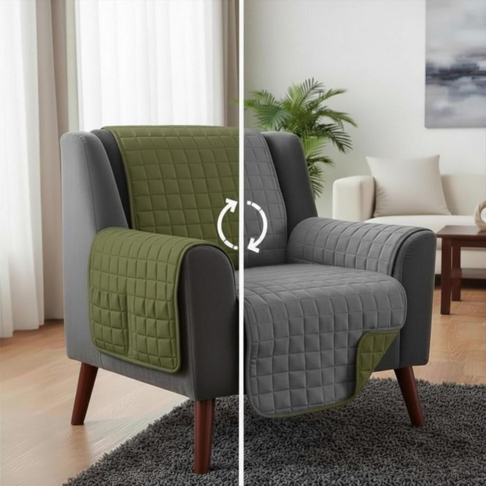 Protector De Sofa Unicolor Acolchado Doble Faz 1 Puesto Verde Gris img #1