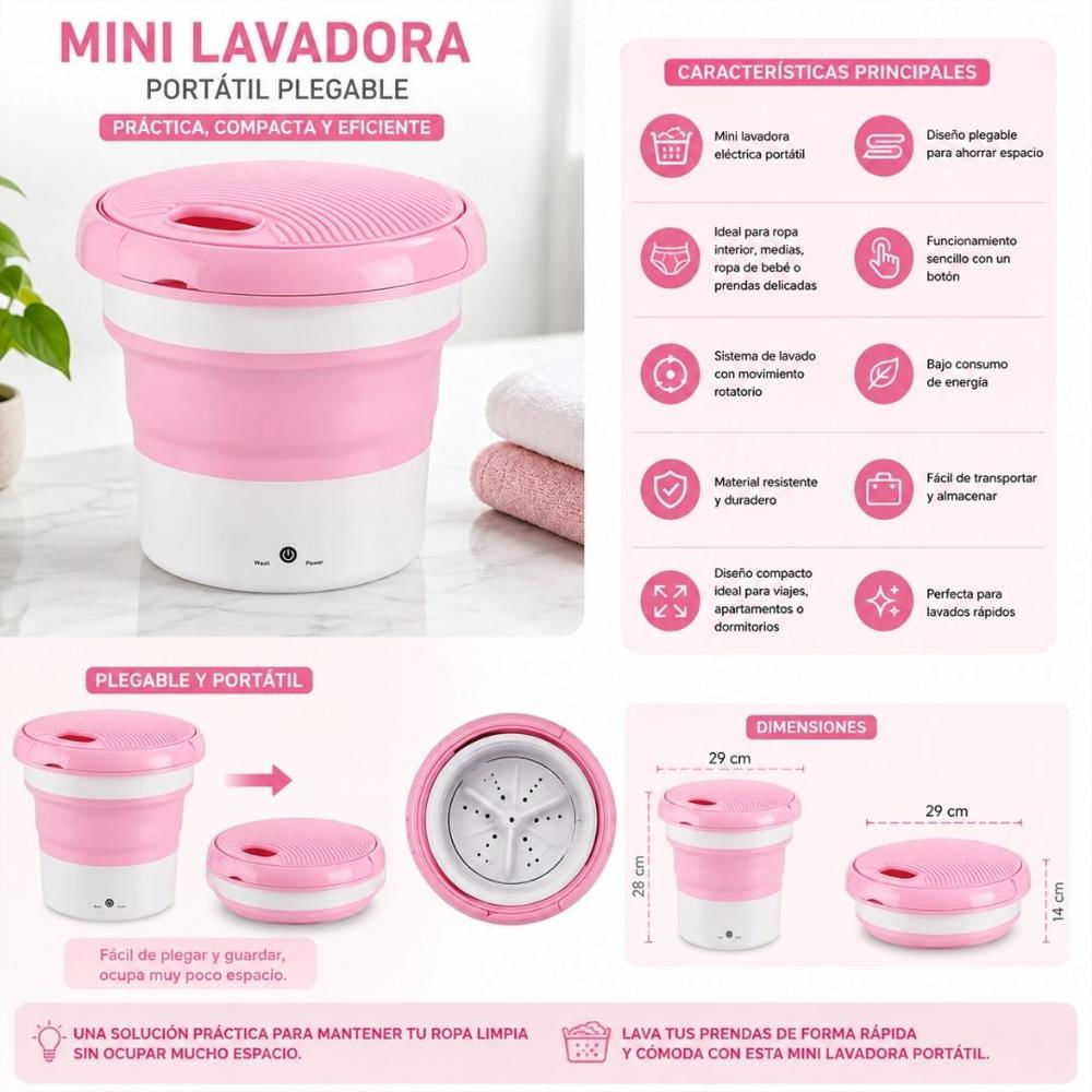 Mini Lavadora Ropa Balde Plegable Eléctrico Genérico Rosado T img #3