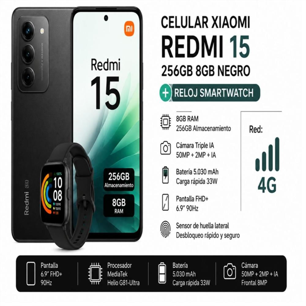 Combo Celular Xiaomi Redmi 15 256Gb 8 Gb Ram Negro + Reloj Smart Watch img #3