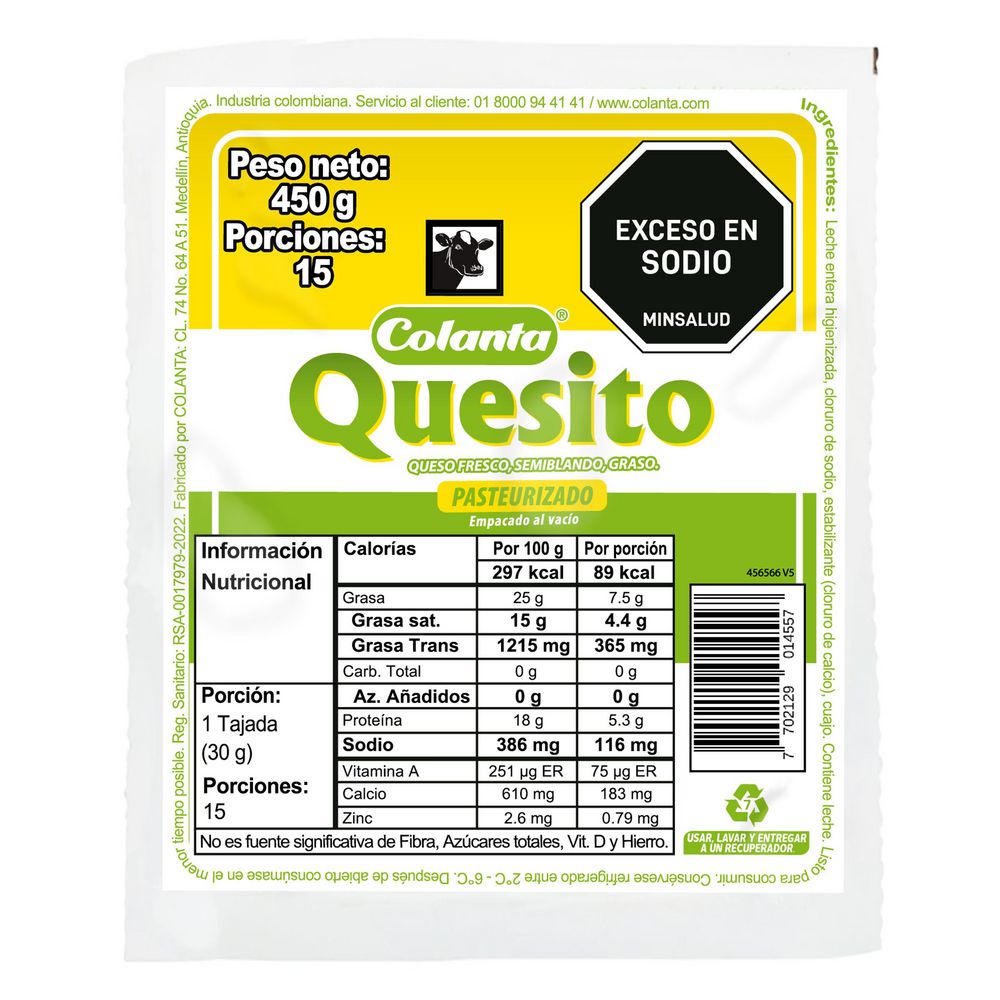 Quesito COLANTA fresco semiblando graso (450  gr) img #1