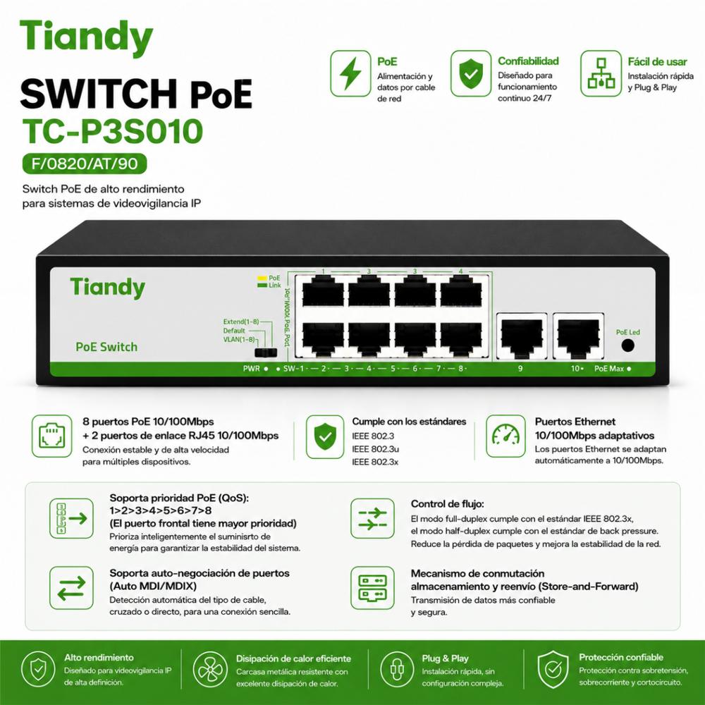 Switch Poe 8 Puertos Con 2 Uplink Rj45 img #3