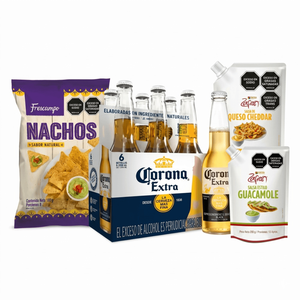 Combo Mundialista 3 Cerveza CORONA botella lager six pack (1980 ml) + Nachos FRESCAMPO sabor natural (180 gr) + Guacamole ZAFRAN salsa doy pack (200 img #1