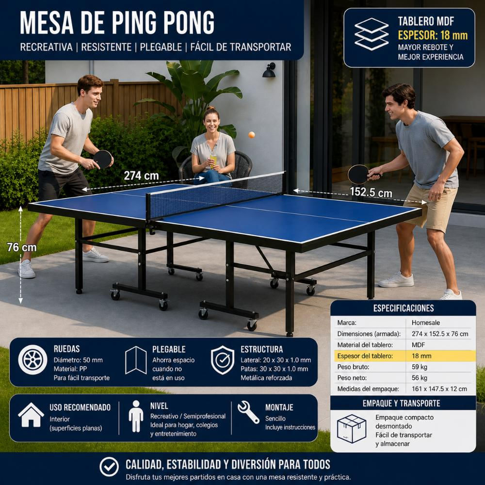 Mesa De Ping Pong Profesional 18Mm Color Azulclaro Con Rueda img #2