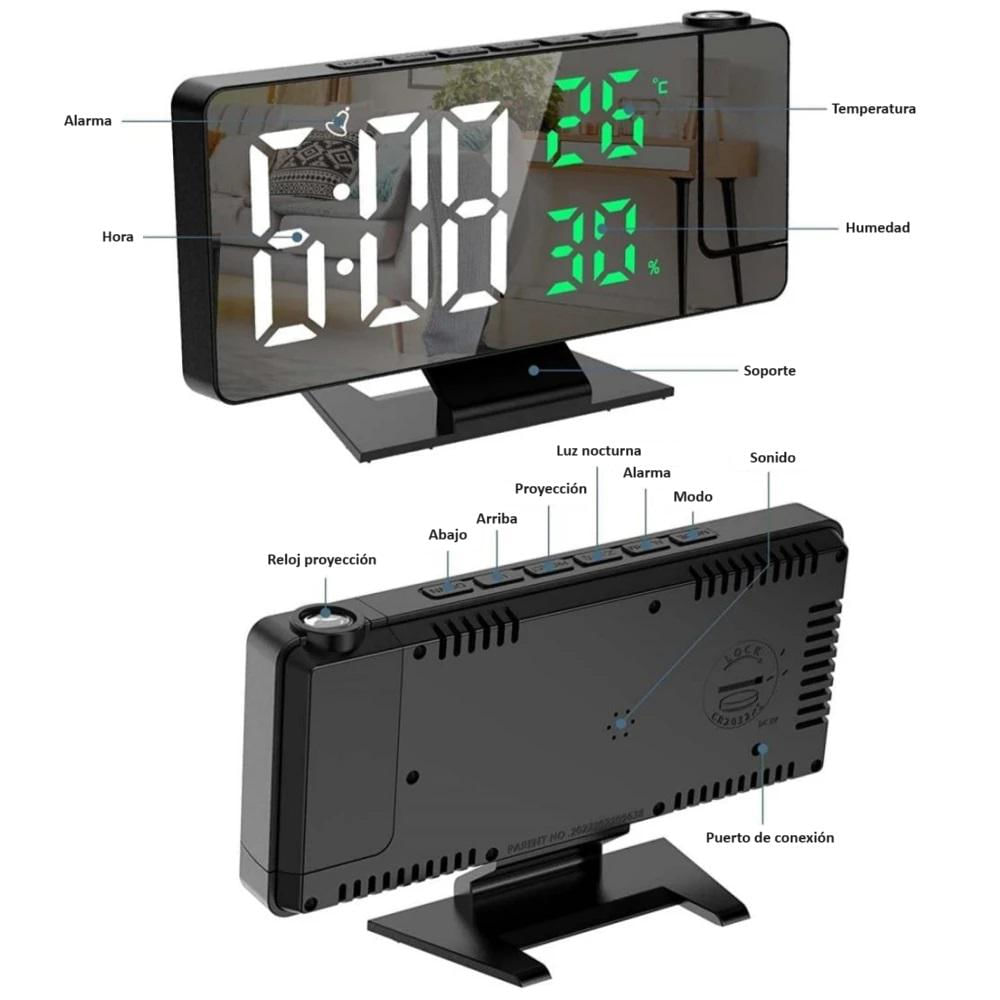 Reloj Digital De Proyeccion Con Alarma Temperatura Y Humedad Led Verde img #3