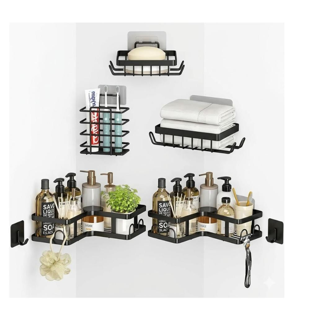 Set 5 Organizadores Ducha Baño Negro Mate Sin Taladro img #1