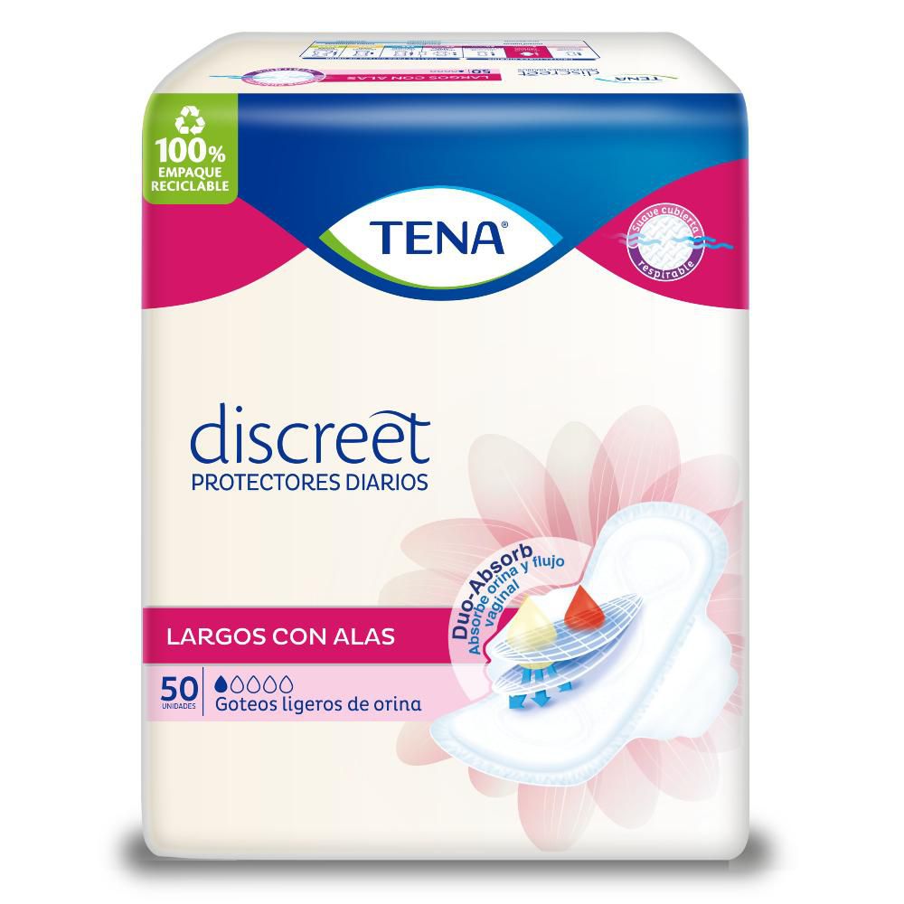 Protectores Tena Discreet largos con alas, goteos ligeros (50 und)