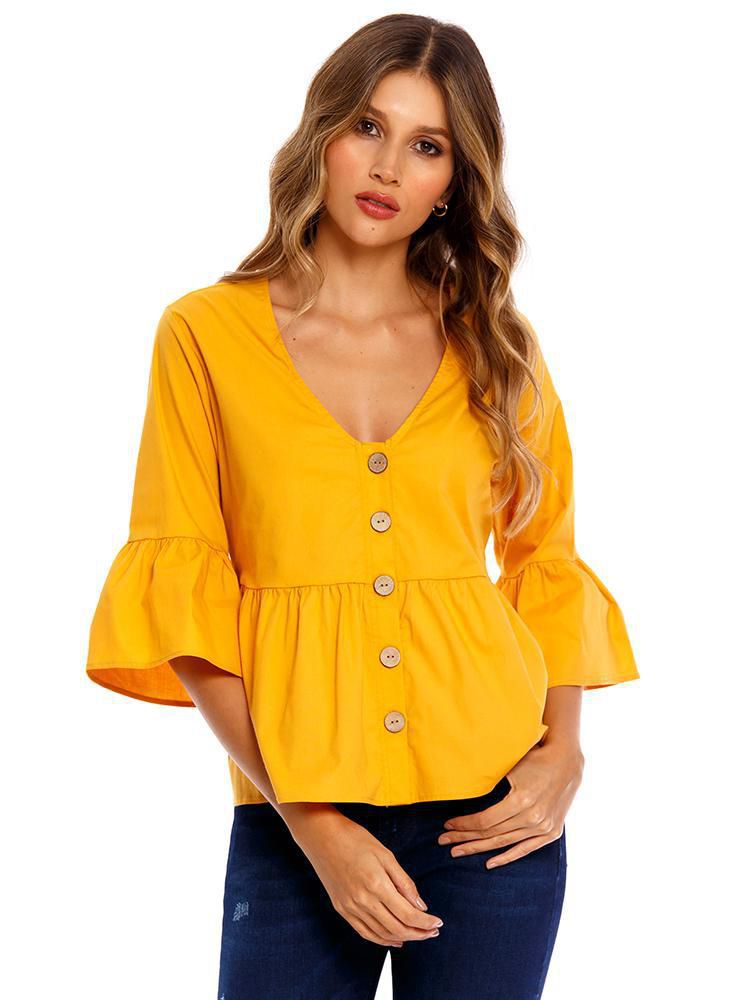 Blusa Manga Larga Con Botones XS MOSTAZA