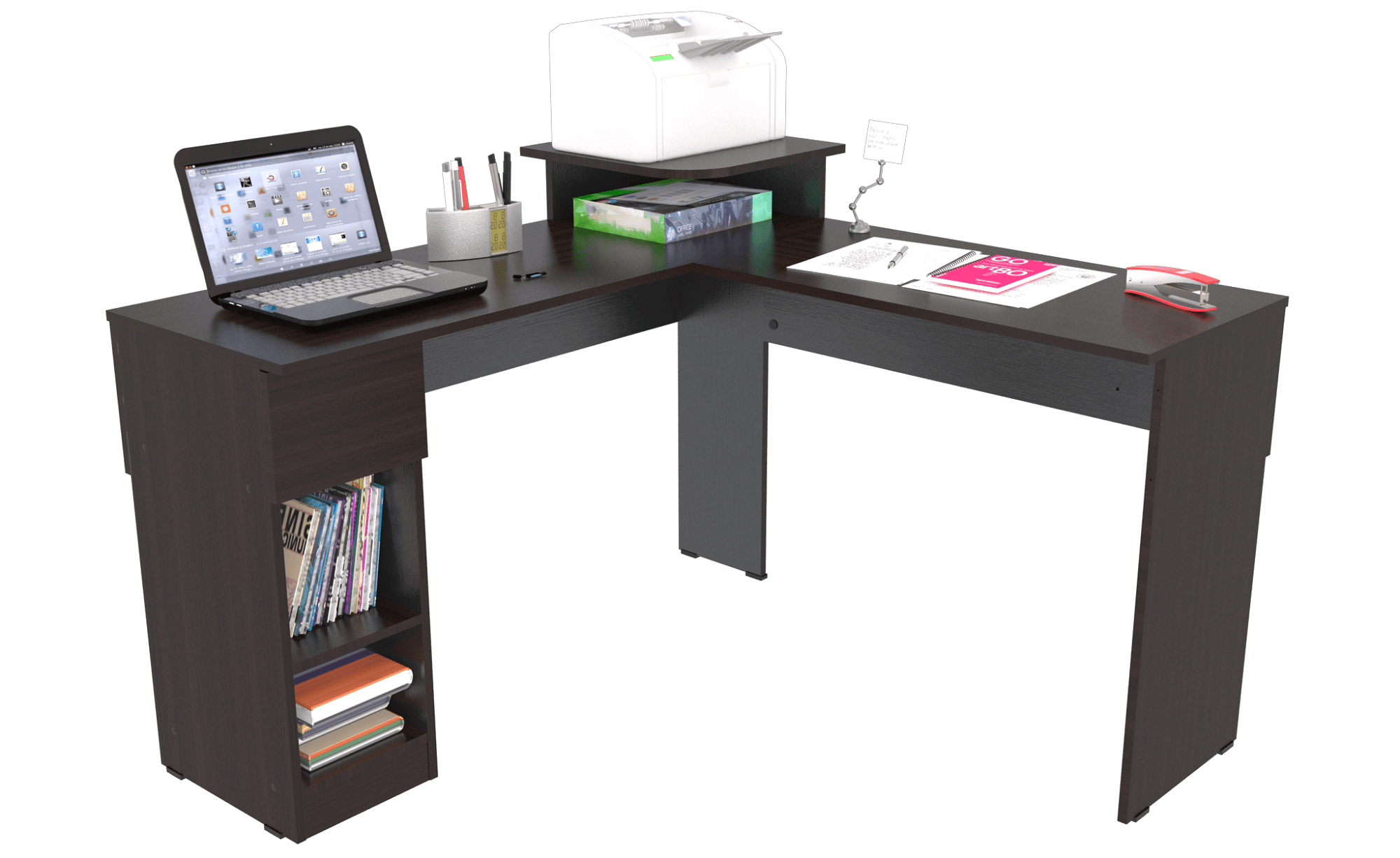 Escritorio en L con gaveta, compartimientos y base para impresora img #6