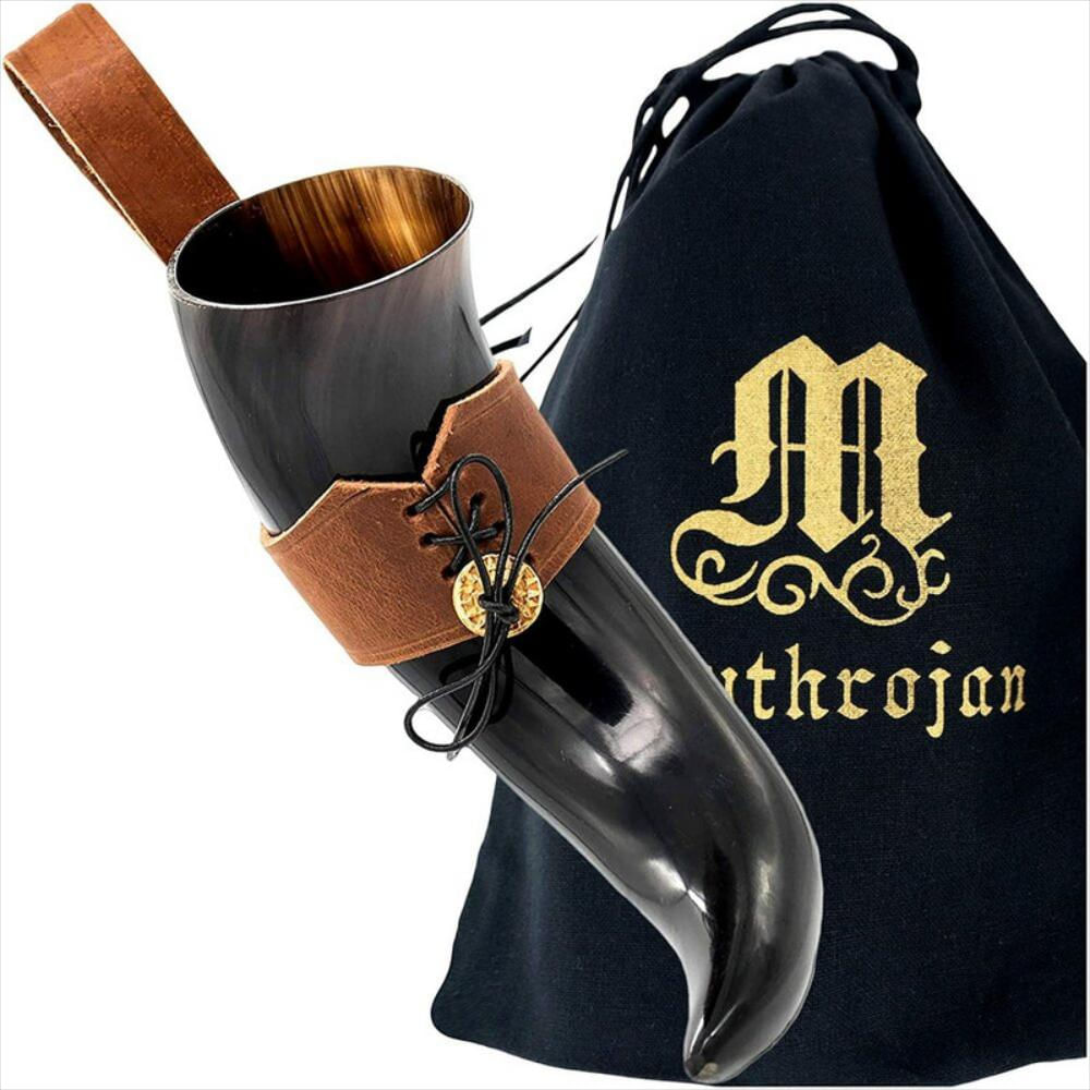 Taza De Vino Vikingo Con Soporte De Piel Auténtica img #1